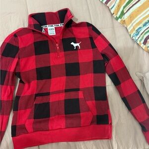 Victoria's Secret PINK Red and Black Buffalo Plaid Quarter-Zip Pullover